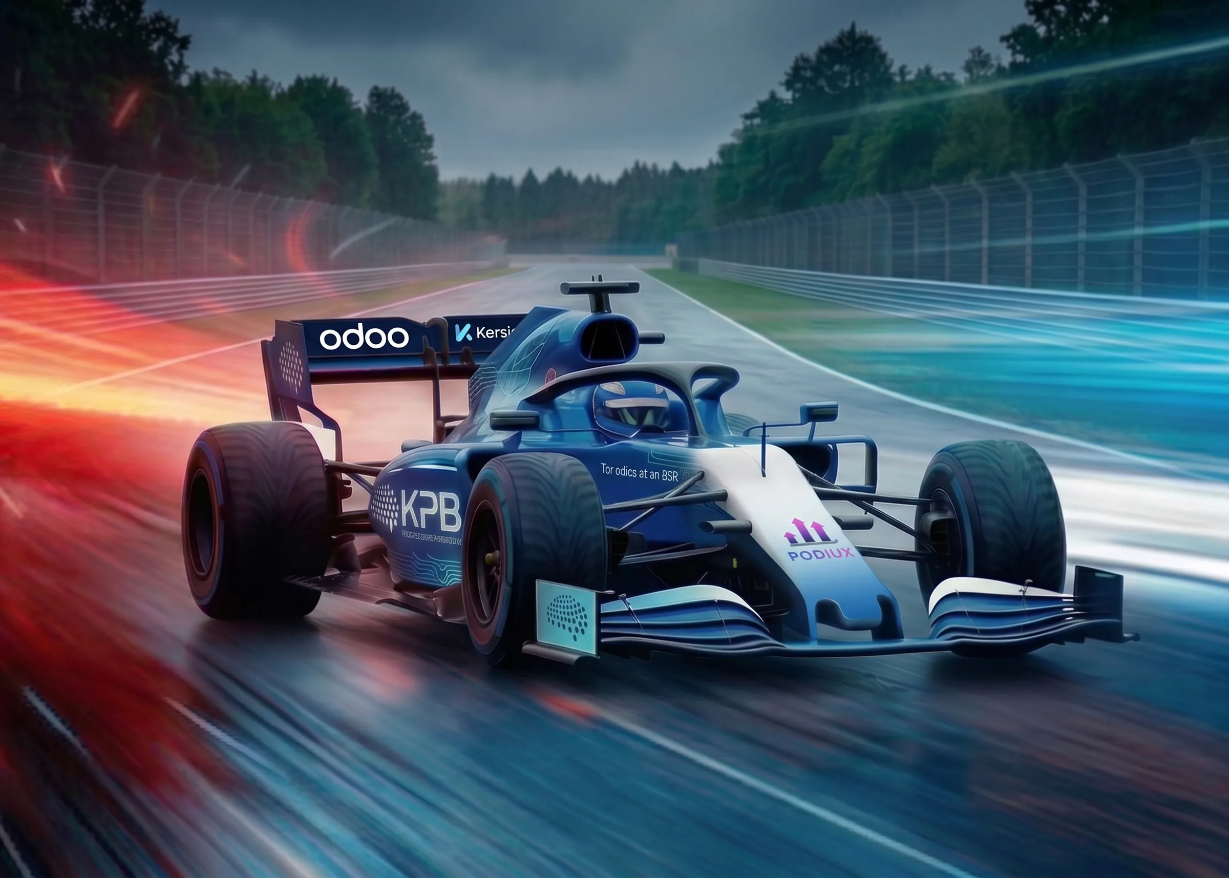Auto de F1 con branding de KPB, Odoo, Podiux y Kersify en pista de carreras